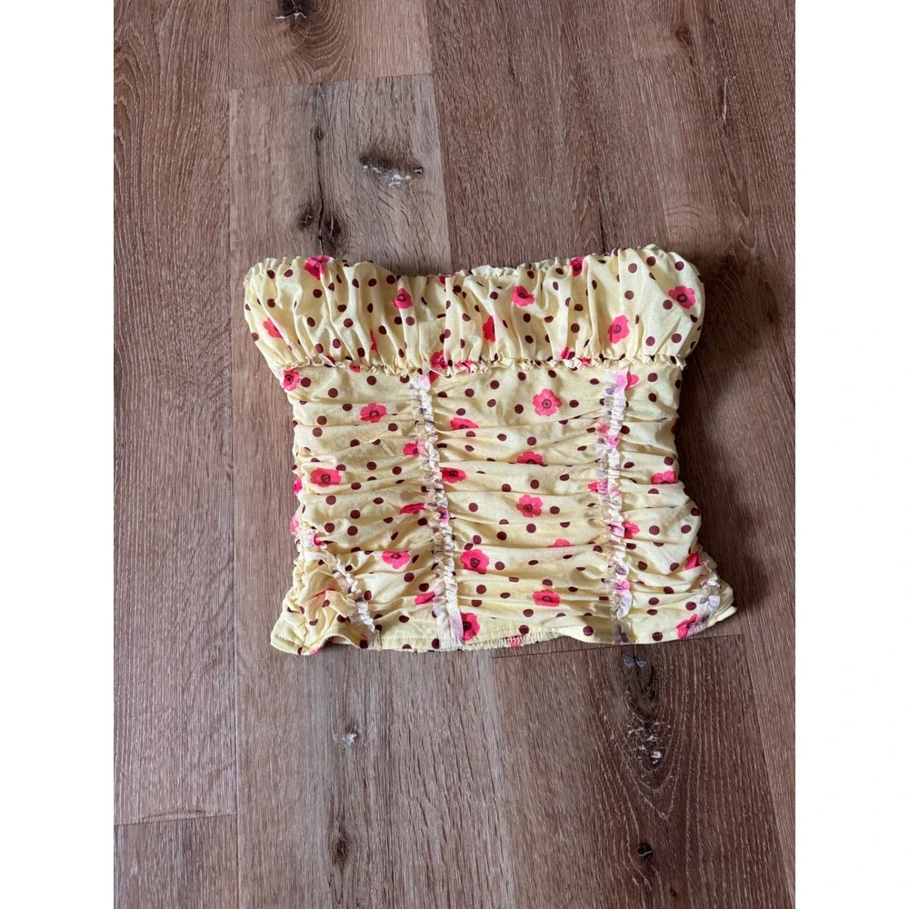 Free People Yellow Brown Pink Floral Polka Dot Ruched Tube Top  Size XS